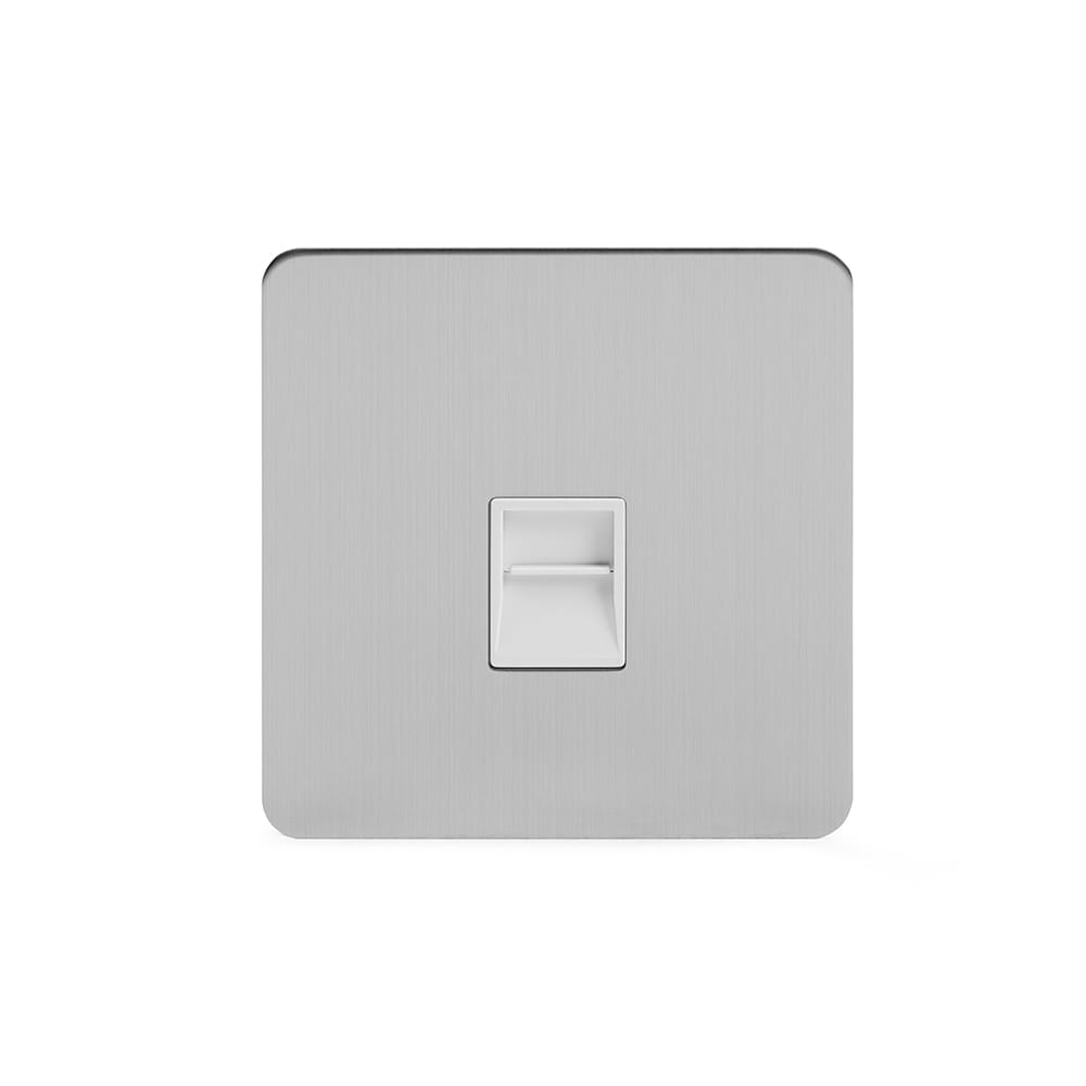The Lombard Collection Brushed Chrome Flat Plate 1 Gang Telephone Master Socket BT Wht Ins Screwless
