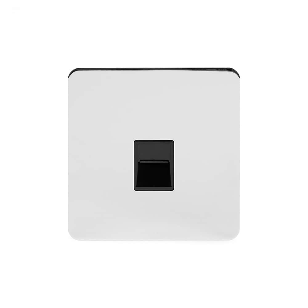 The Finsbury Collection Polished Chrome Flat Plate 1 Gang Telephone Master Socket BT Blk Ins Screwless