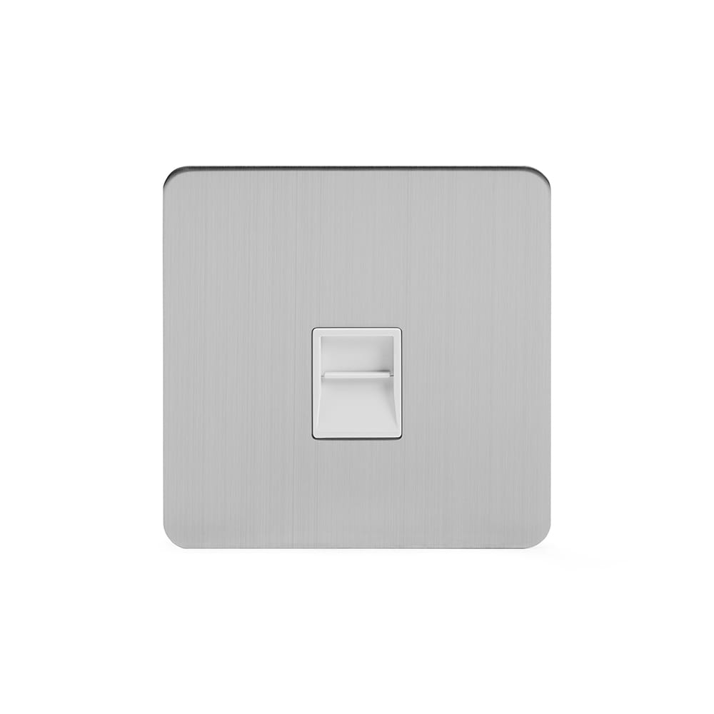 The Lombard Collection Brushed Chrome Flat Plate 1 Gang Telephone Secondary (Slave) Socket BT Wht Ins Screwless