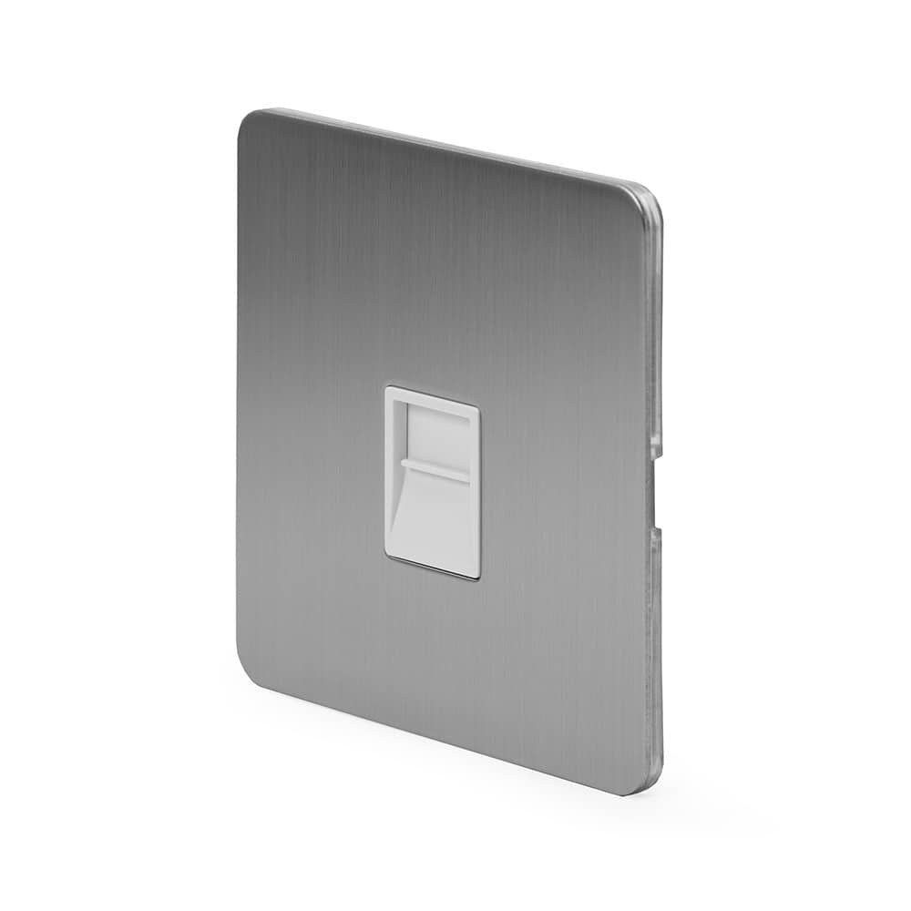 The Lombard Collection Brushed Chrome Flat Plate 1 Gang Telephone Secondary (Slave) Socket BT Wht Ins Screwless