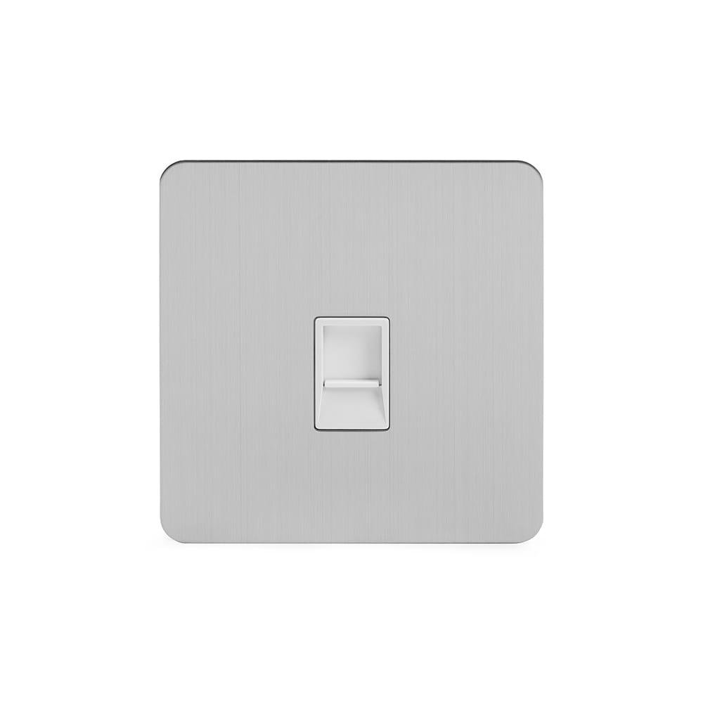 The Lombard Collection Brushed Chrome Flat Plate 1 Gang Data Socket RJ45 Ethernet Cat5/Cat6 Wht Ins Screwless