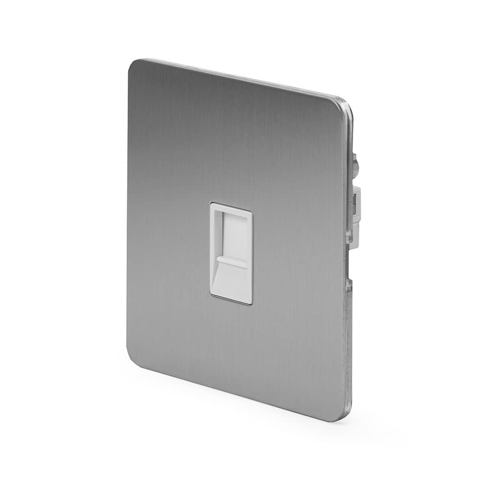 The Lombard Collection Brushed Chrome Flat Plate 1 Gang Data Socket RJ45 Ethernet Cat5/Cat6 Wht Ins Screwless
