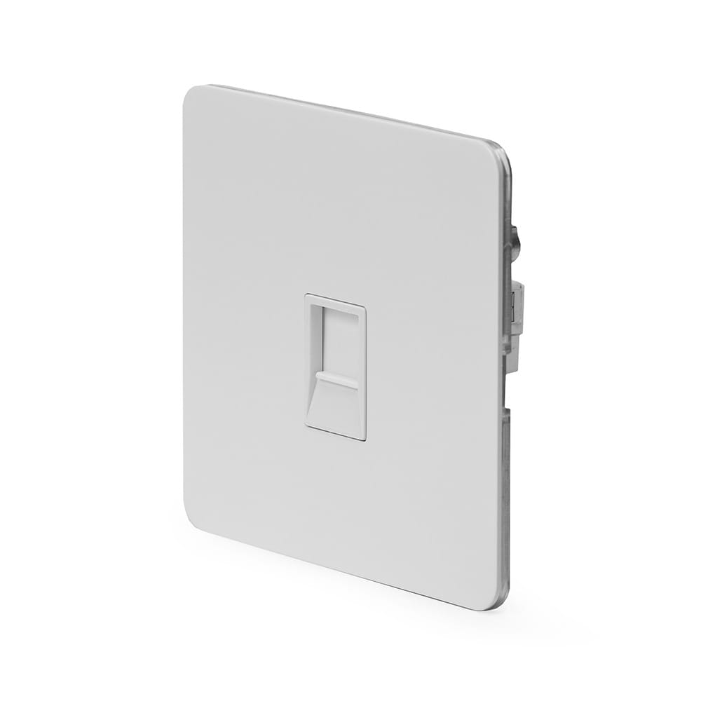 The Eldon Collection White Metal Flat Plate 1 Gang Data Socket RJ45 Ethernet Cat5/Cat6 Wht Ins Screwless