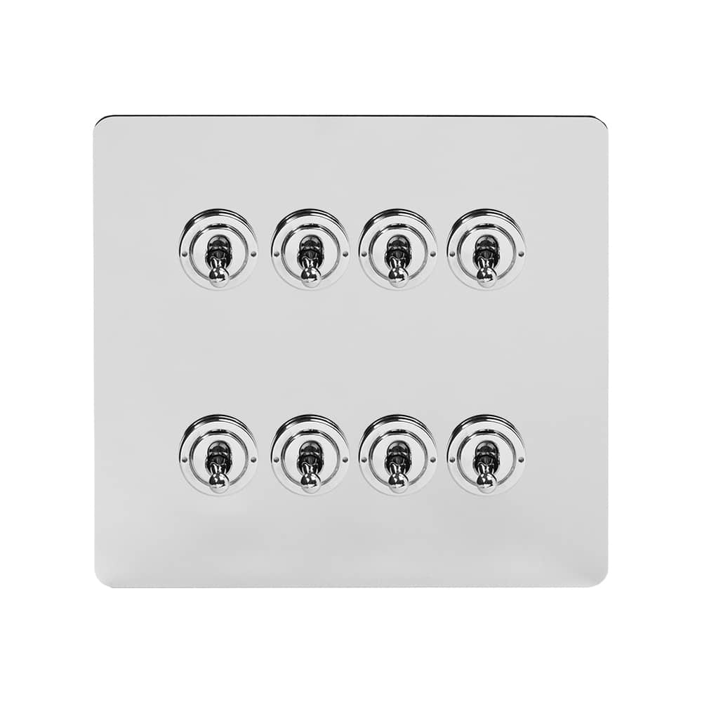 The Finsbury Collection Polished Chrome Flat Plate 8 Gang Toggle Light Switch 20A 2 Way Screwless