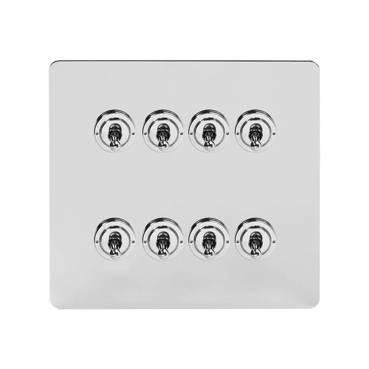 The Finsbury Collection Polished Chrome Flat Plate 8 Gang Toggle Light Switch 20A 2 Way Screwless