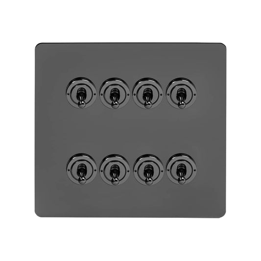 The Connaught Collection Black Nickel Flat Plate 8 Gang Toggle Light Switch 20A 2 Way Screwless