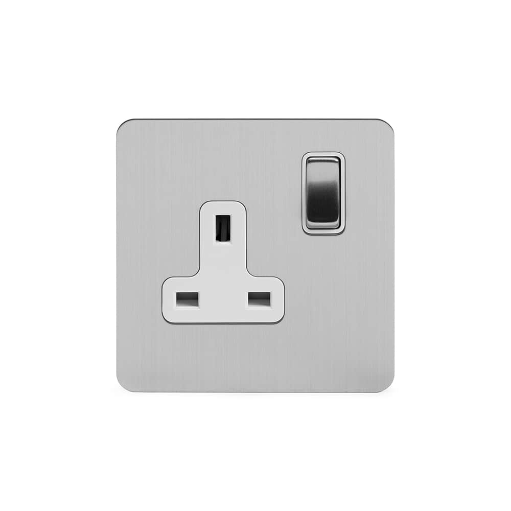 The Lombard Collection Brushed Chrome Flat Plate 13A 1 Gang Switched Socket Double Pole Wht Ins Screwless