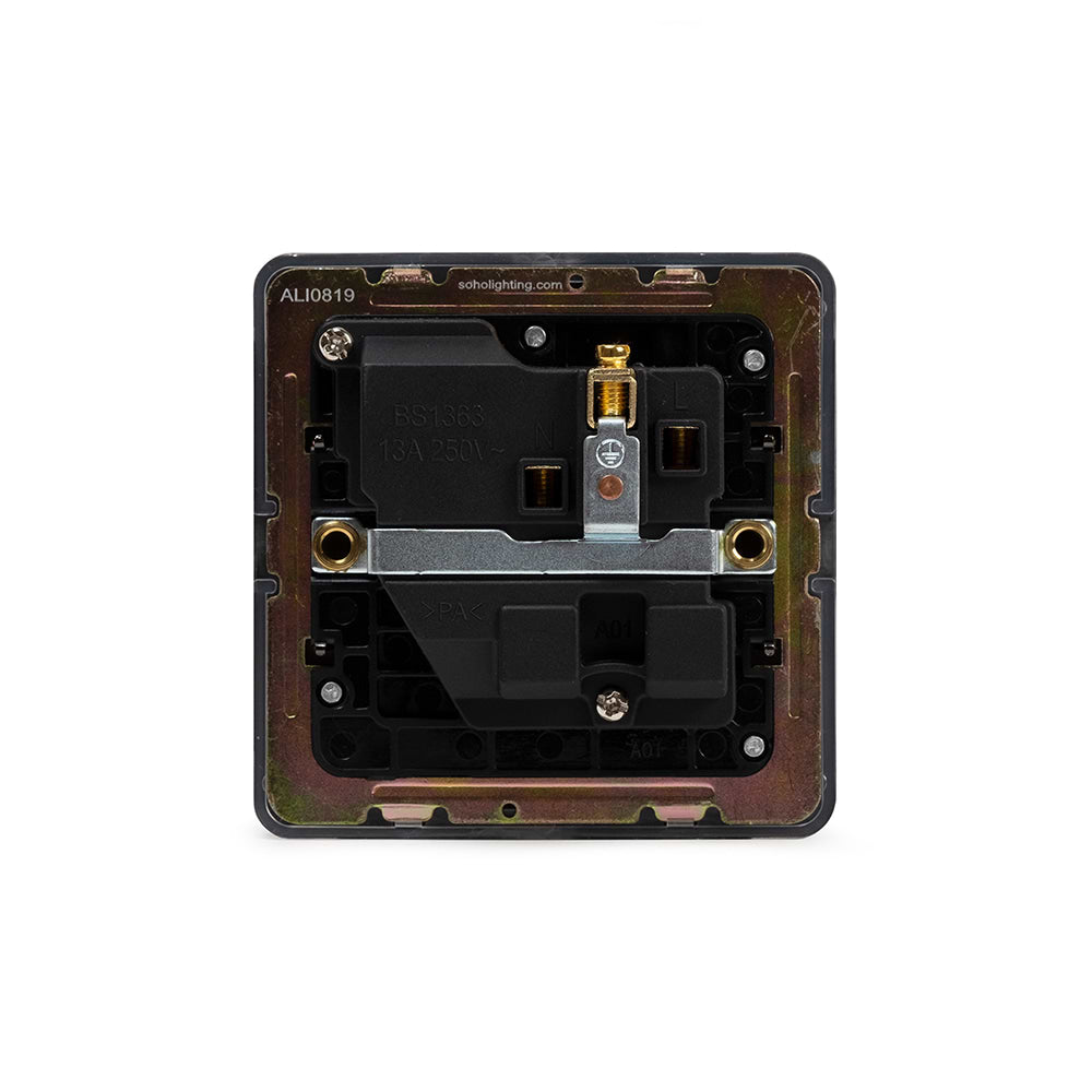 The Connaught Collection Black Nickel Flat Plate 13A 1 Gang Switched Socket, Double Pole Blk Ins Screwless