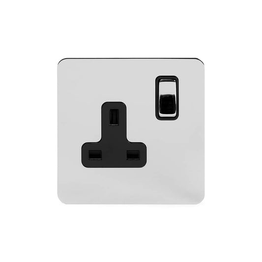 The Finsbury Collection Polished Chrome Flat Plate 13A 1 Gang Switched Socket Double Pole Blk Ins Screwless