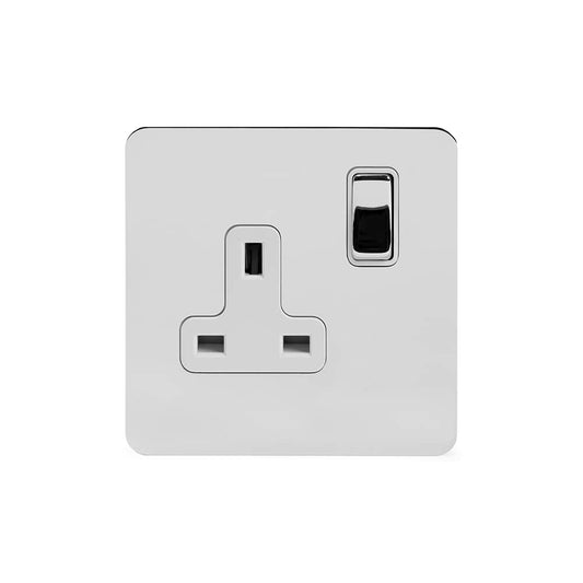 The Finsbury Collection Polished Chrome Flat Plate 13A 1 Gang Switched Socket, Double Pole Wht Ins Screwless
