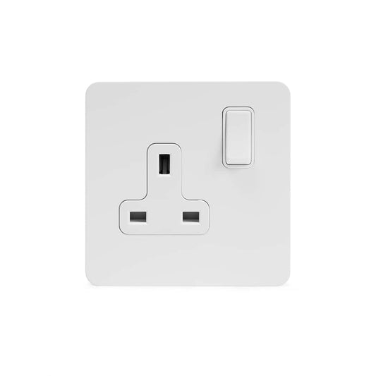 The Eldon Collection White Metal Flat Plate 13A 1 Gang Switched Socket, Double Pole Wht Ins Screwless