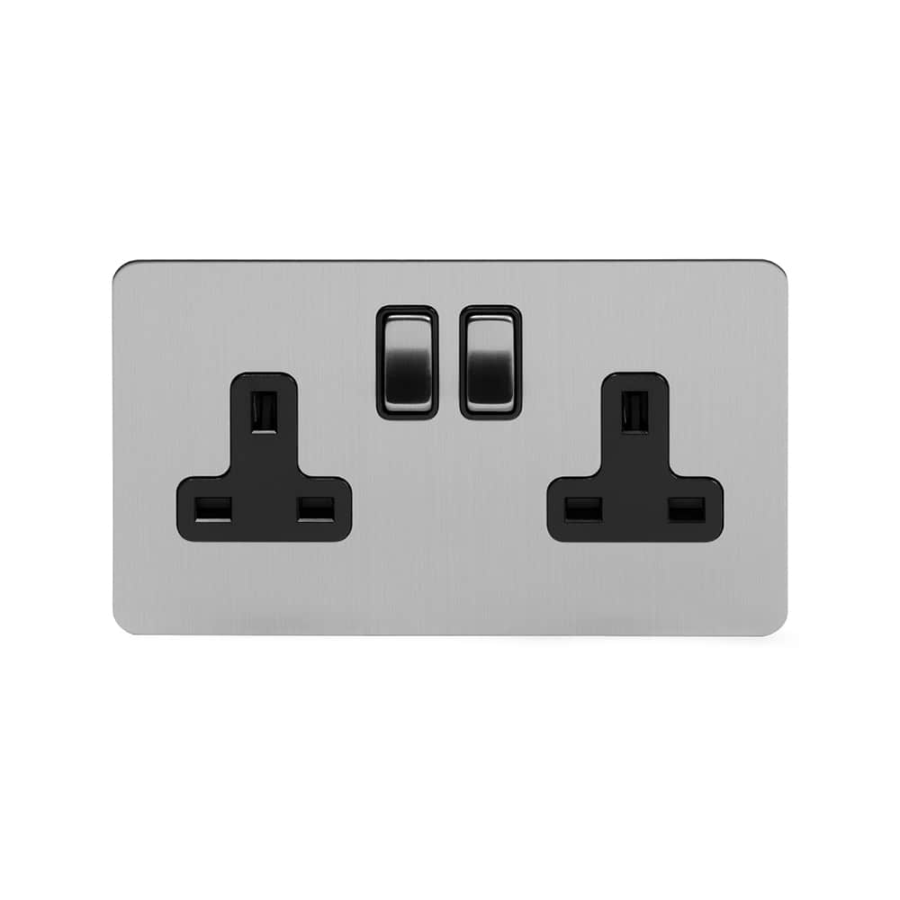 The Lombard Collection Brushed Chrome Flat Plate 13A 2 Gang Switched Socket, Double Pole Blk Ins Screwless