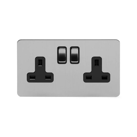 The Lombard Collection Brushed Chrome Flat Plate 13A 2 Gang Switched Socket, Double Pole Blk Ins Screwless