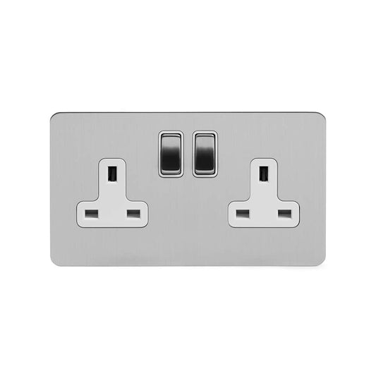 The Lombard Collection Brushed Chrome Flat Plate 13A 2 Gang Switched Socket Double Pole Wht Ins Screwless