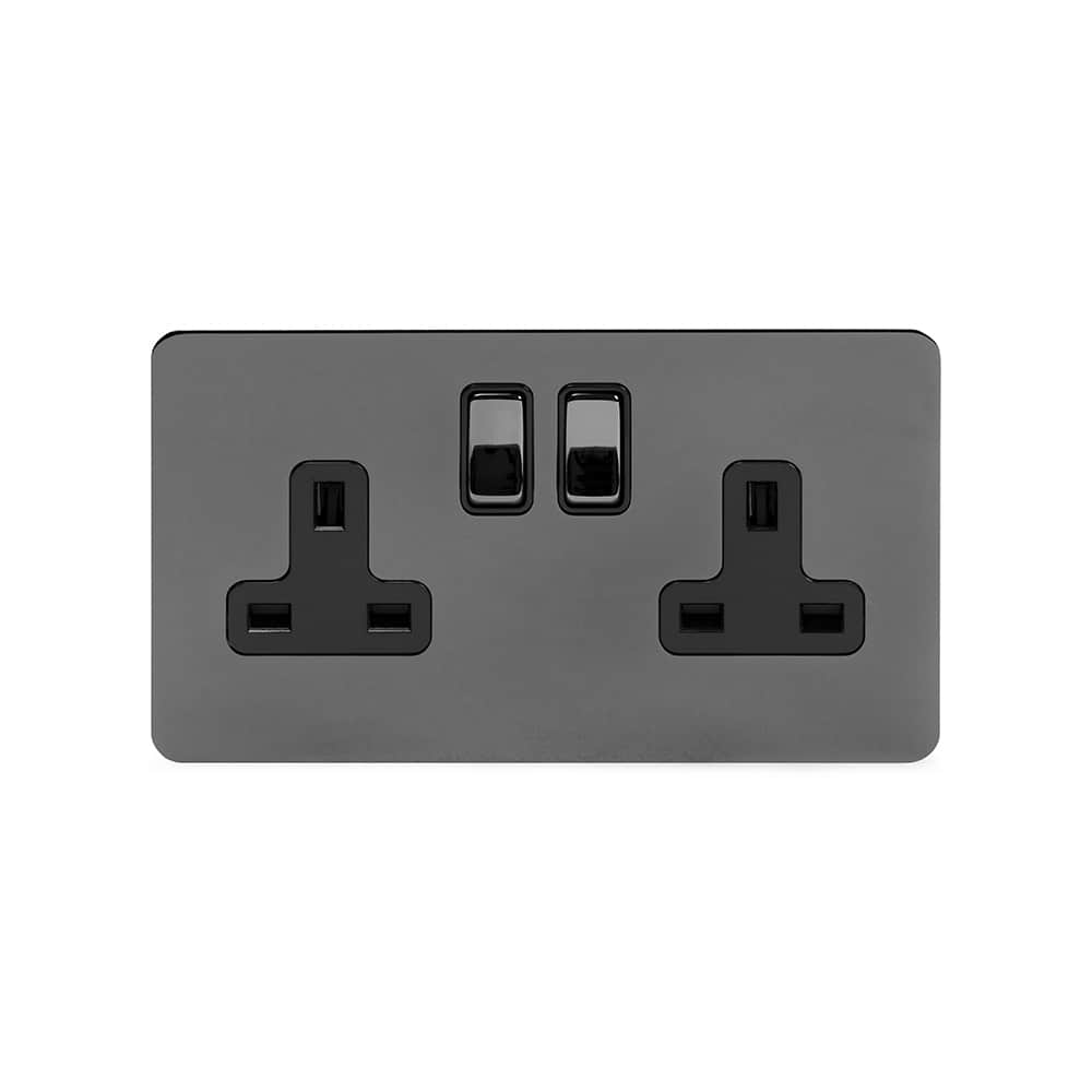 The Connaught Collection Black Nickel Flat Plate 13A 2 Gang Switched Socket, Double Pole Blk Ins Screwless