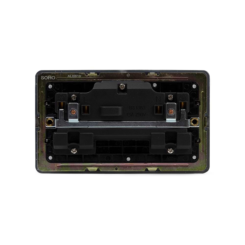 The Connaught Collection Black Nickel Flat Plate 13A 2 Gang Switched Socket, Double Pole Blk Ins Screwless