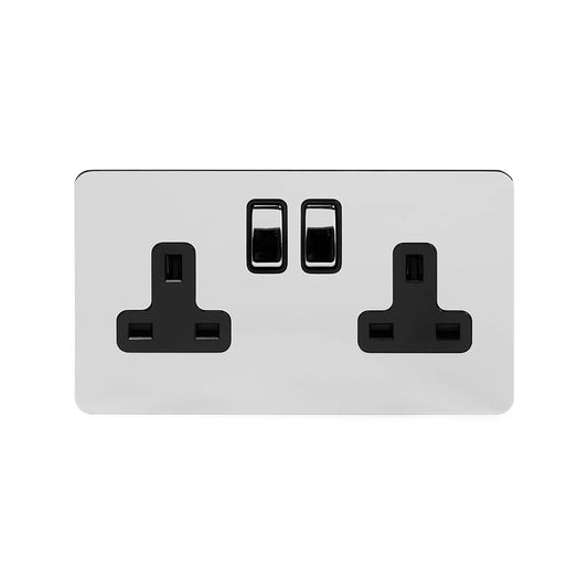 The Finsbury Collection Polished Chrome Flat Plate 13A 2 Gang Switched Socket Double Pole Blk Ins Screwless