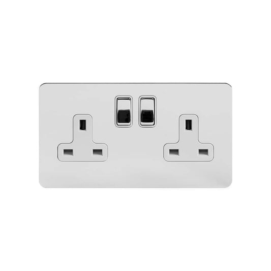 The Finsbury Collection Polished Chrome Flat Plate 13A 2 Gang Switched Socket, Double Pole Wht Ins Screwless