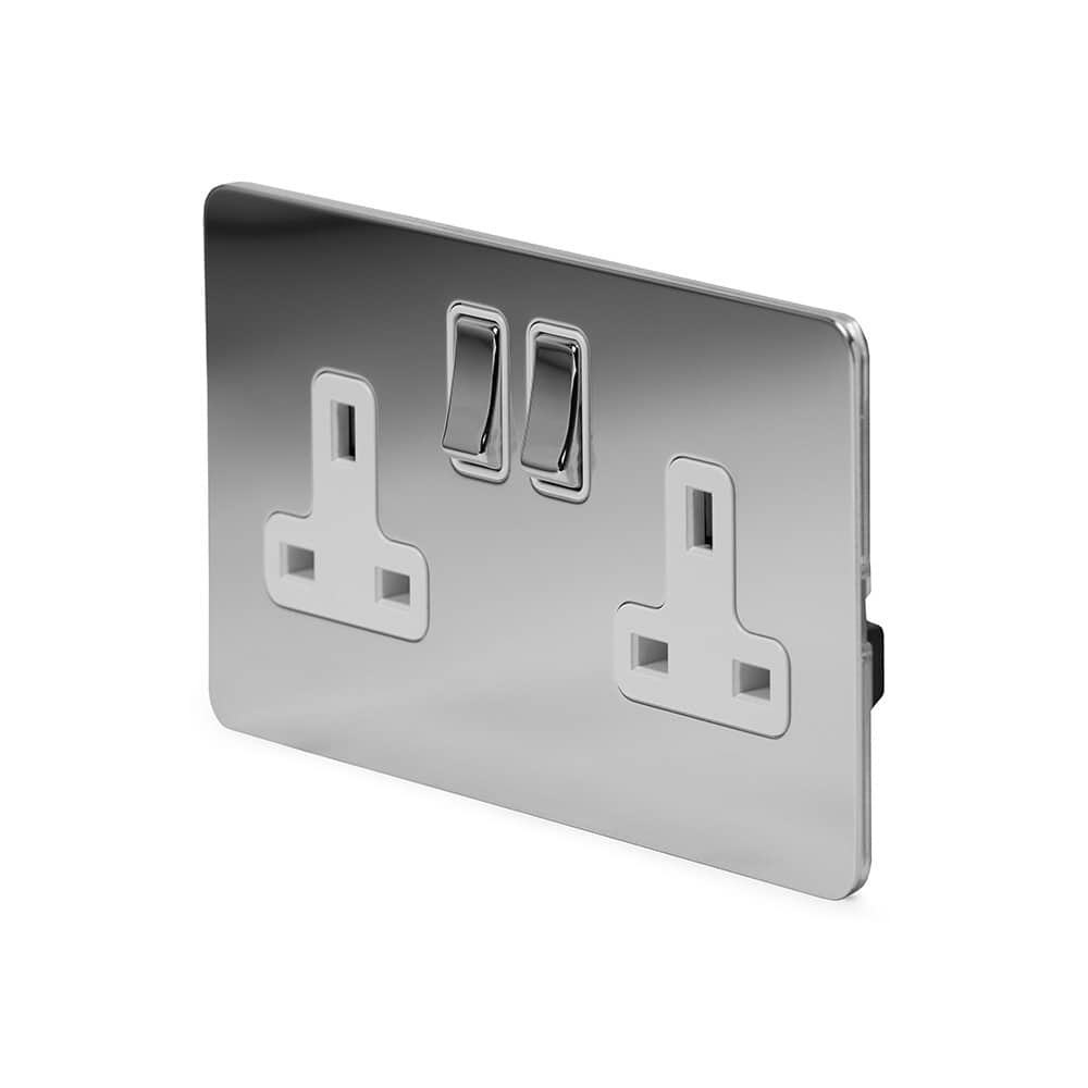 The Finsbury Collection Polished Chrome Flat Plate 13A 2 Gang Switched Socket, Double Pole Wht Ins Screwless