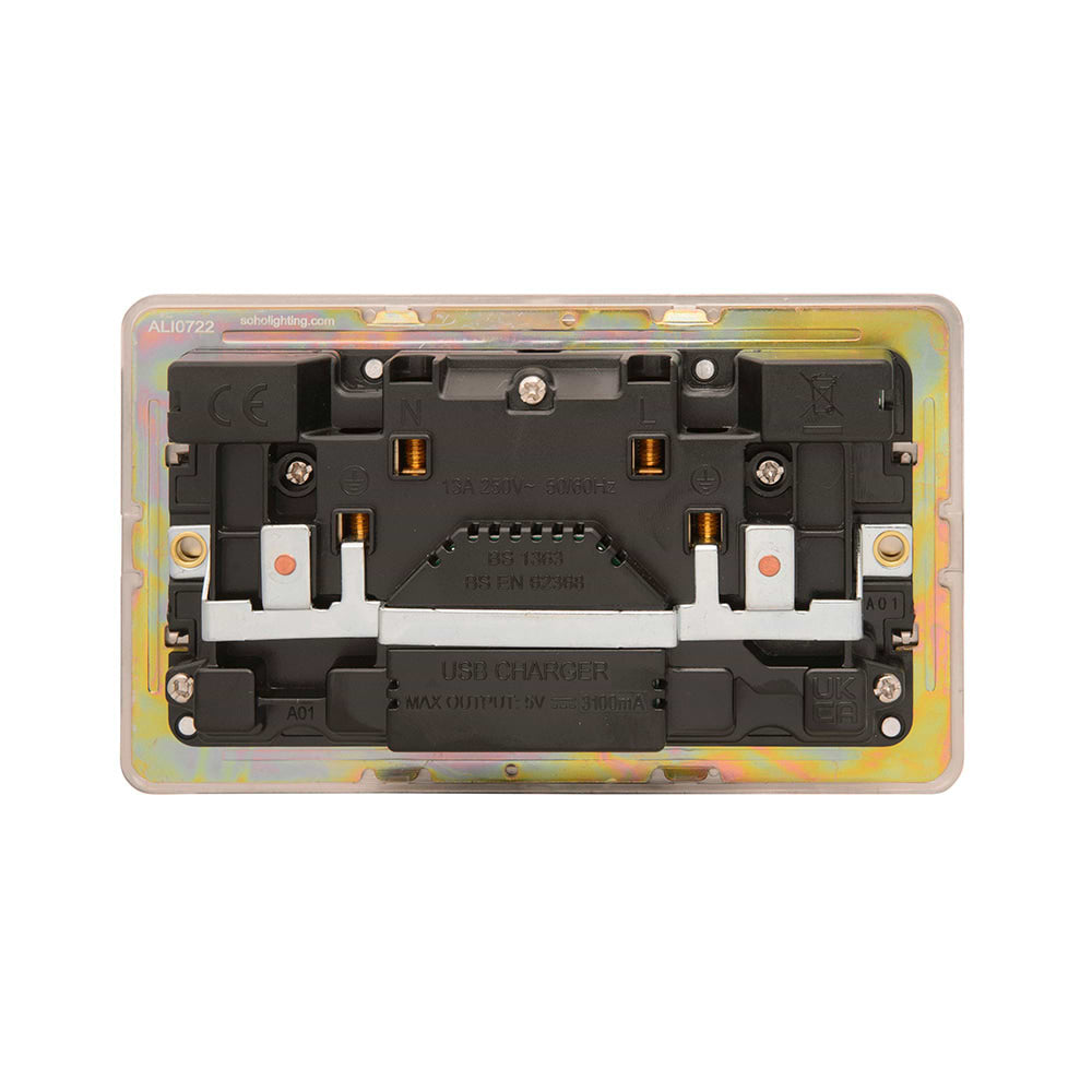 The Lombard Collection Brushed Chrome Flat Plate 2 Gang USB A+C Socket (13A Socket + 2 USB Ports A+C 3.1A)