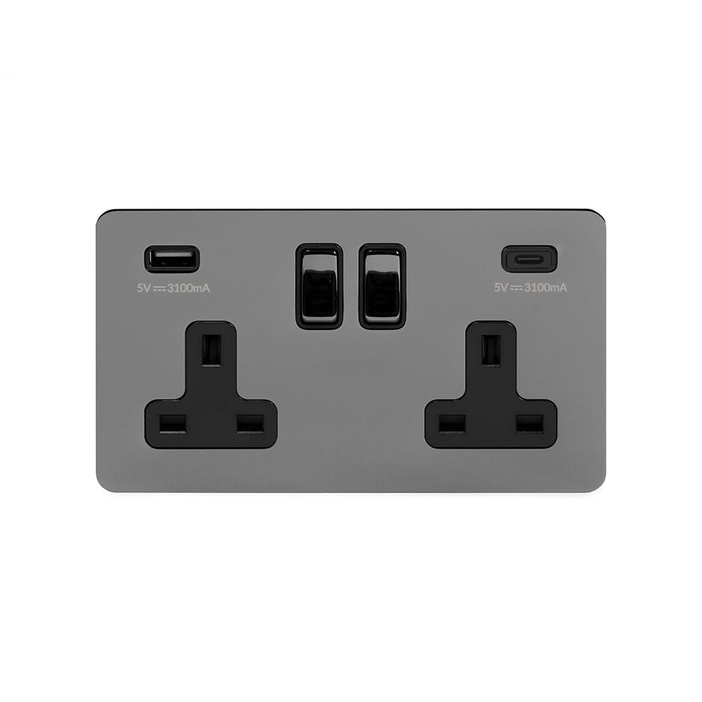 The Connaught Collection Black Nickel Flat Plate 2 Gang USB A + C Socket (13A Socket + 2 USB Ports A+C 3.1A) Blk Ins Screwless