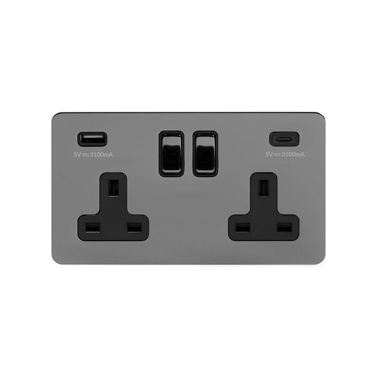 The Connaught Collection Black Nickel Flat Plate 2 Gang USB A + C Socket (13A Socket + 2 USB Ports A+C 3.1A) Blk Ins Screwless