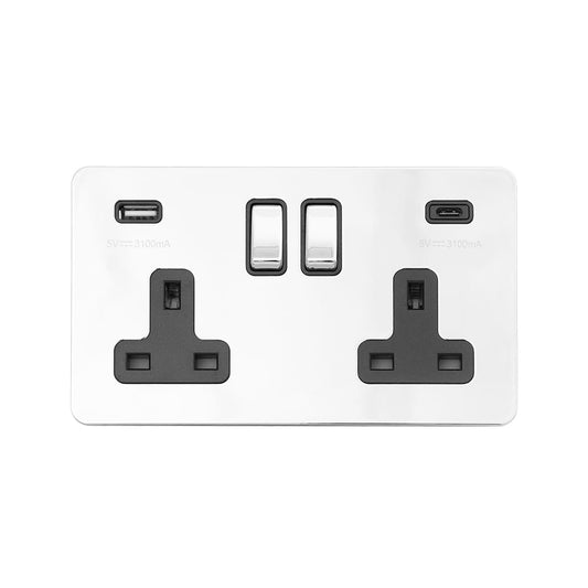 The Finsbury Collection Polished Chrome Flat Plate 2 Gang USB A+C Socket (13A Socket + 2 USB Ports A+C 3.1A)