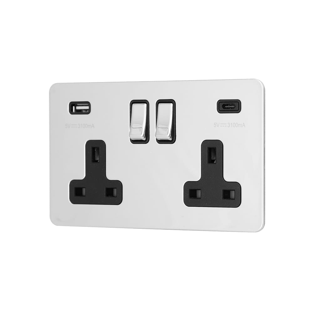 The Finsbury Collection Polished Chrome Flat Plate 2 Gang USB A+C Socket (13A Socket + 2 USB Ports A+C 3.1A)