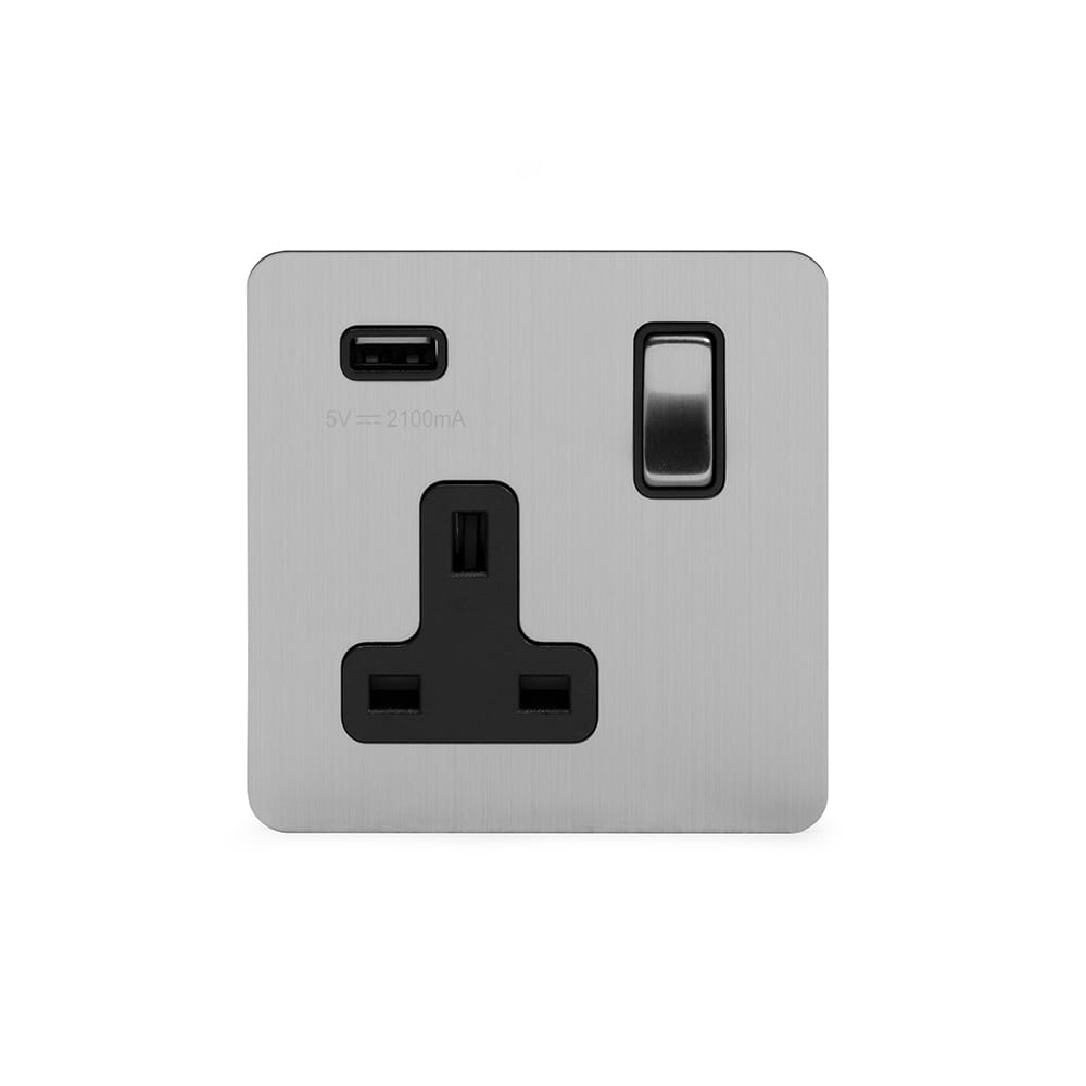 The Lombard Collection Brushed Chrome Flat Plate 1 Gang 13A DP Socket with USB-A 2.1A