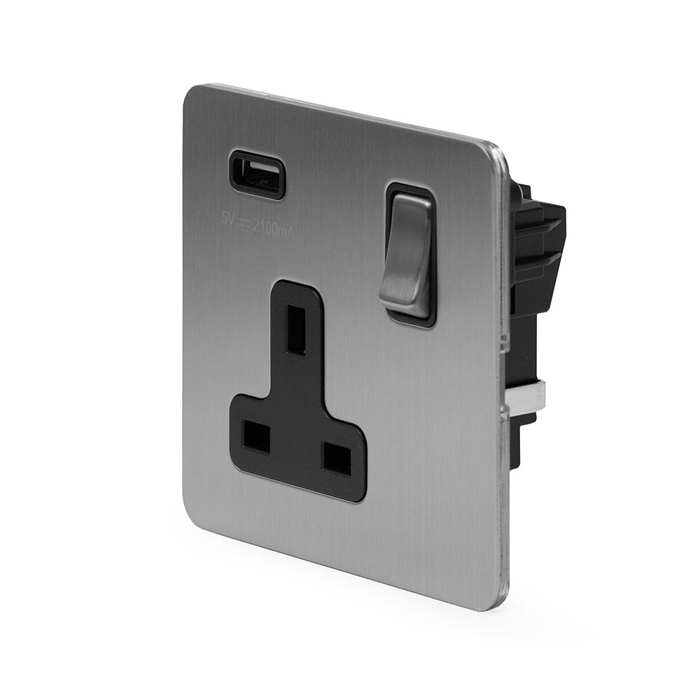 The Lombard Collection Brushed Chrome Flat Plate 1 Gang 13A DP Socket with USB-A 2.1A