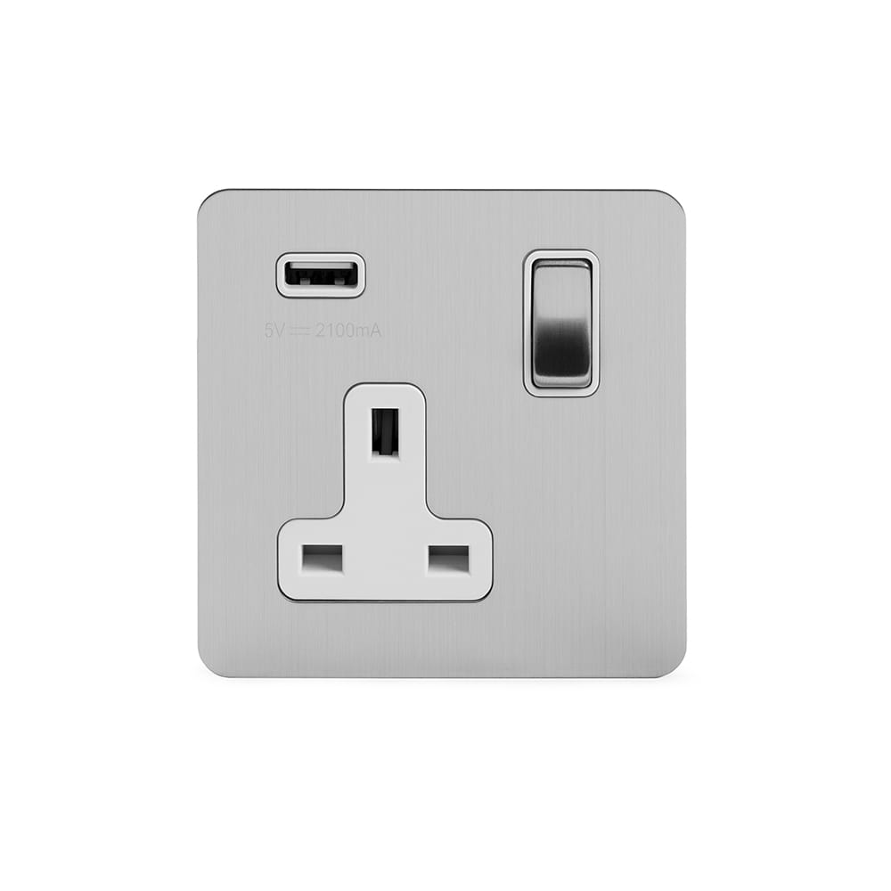 The Lombard Collection Brushed Chrome Flat Plate 1 Gang 13A DP Socket with USB-A 2.1A