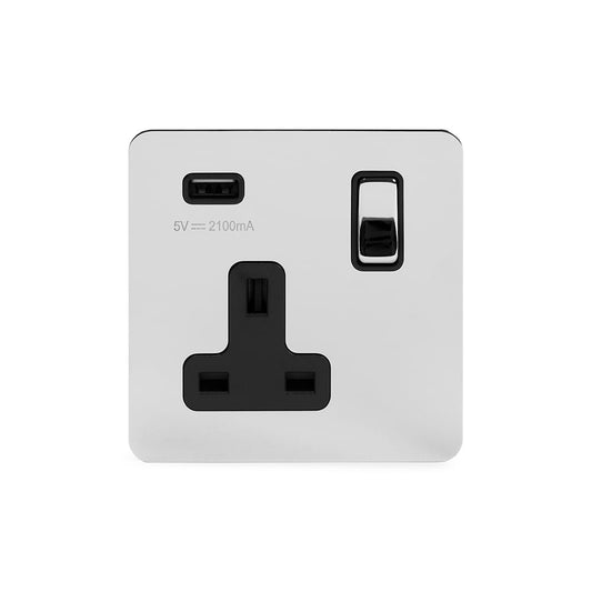 The Finsbury Collection Polished Chrome Flat Plate 1 Gang 13A DP Socket with USB-A 2.1A