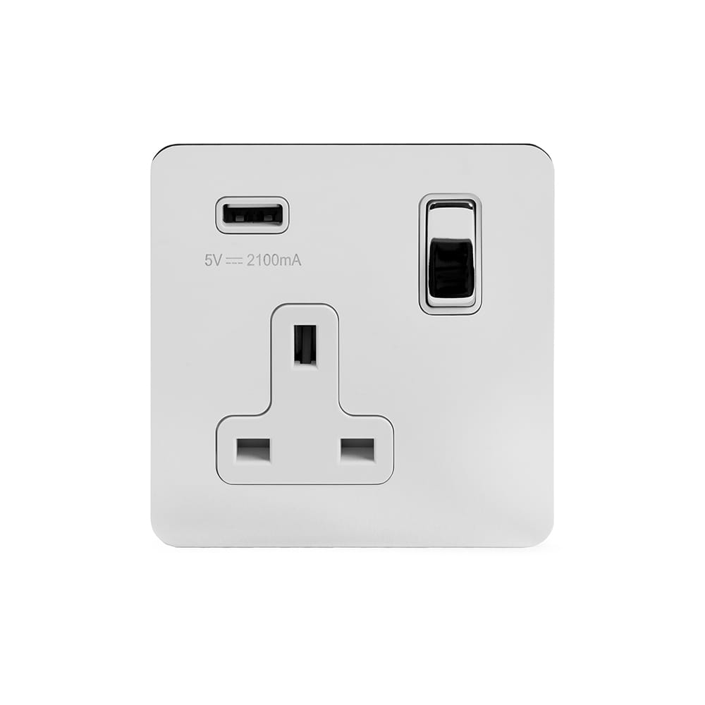 The Finsbury Collection Polished Chrome Flat Plate 1 Gang 13A DP Socket with USB-A 2.1A