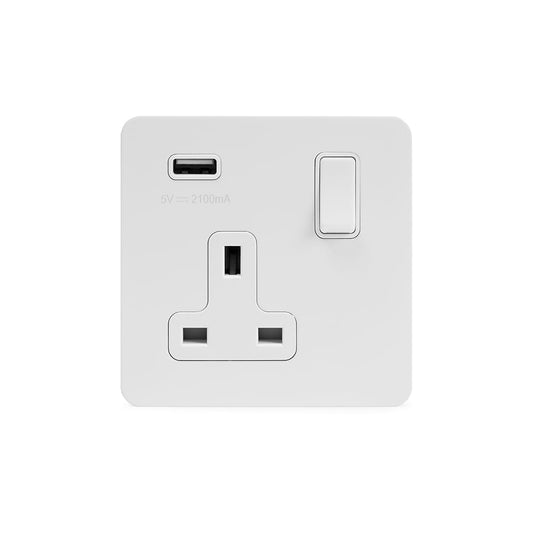 The Eldon Collection White Metal Flat Plate 1 Gang 13A DP Socket with USB-A 2.1A