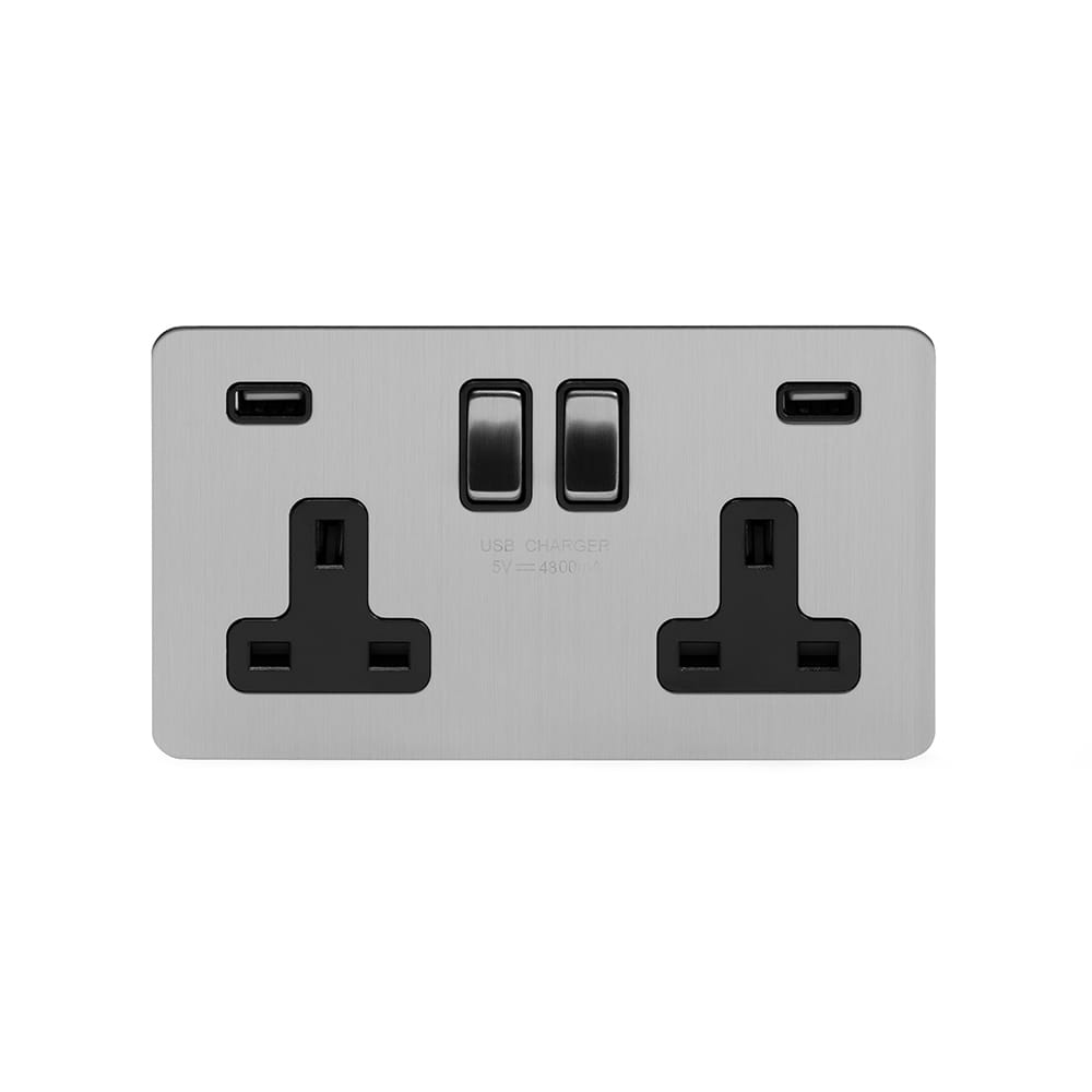 The Lombard Collection Brushed Chrome Flat Plate 2 Gang 13A DP Socket with 2 x USB-A 4.8A
