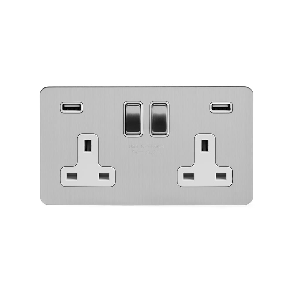 The Lombard Collection Brushed Chrome Flat Plate 2 Gang 13A DP Socket with 2 x USB-A 4.8A