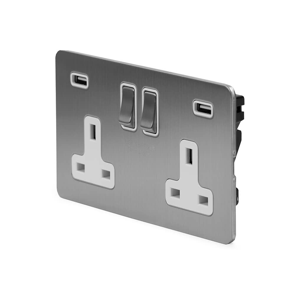 The Lombard Collection Brushed Chrome Flat Plate 2 Gang 13A DP Socket with 2 x USB-A 4.8A