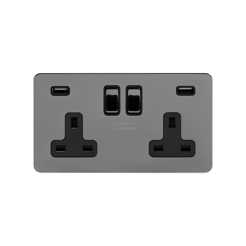 The Connaught Collection Black Nickel Flat Plate 2 Gang 13A DP Socket with 2 x USB-A 4.8A