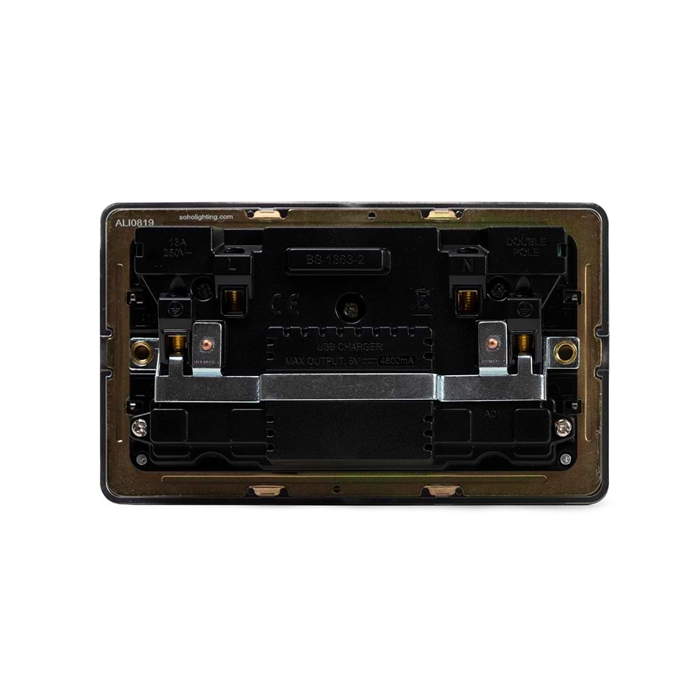 The Connaught Collection Black Nickel Flat Plate 2 Gang 13A DP Socket with 2 x USB-A 4.8A