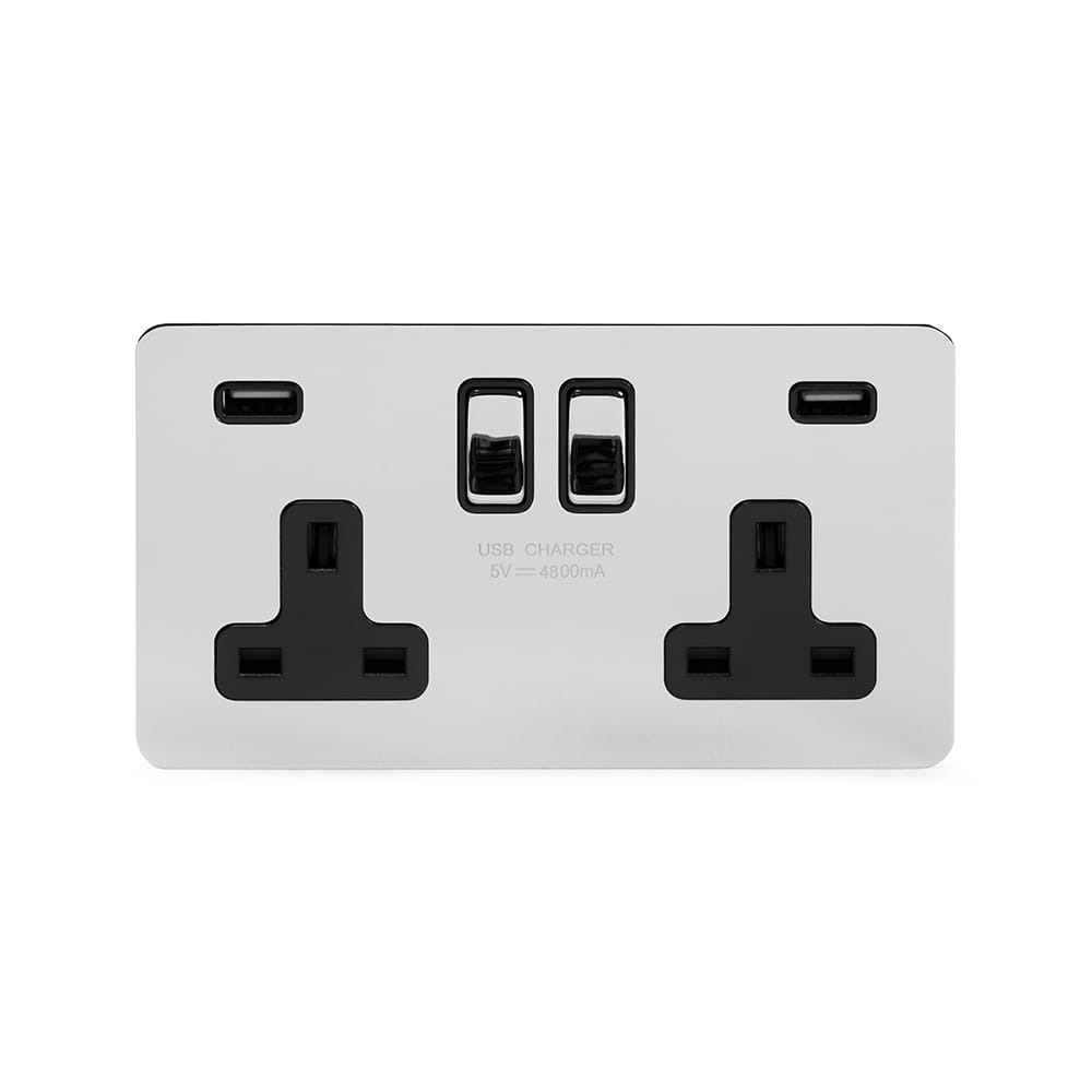 The Finsbury Collection Polished Chrome Flat Plate 2 Gang 13A DP Socket with 2 x USB-A 4.8A