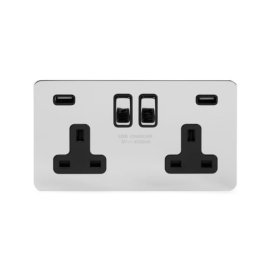 The Finsbury Collection Polished Chrome Flat Plate 2 Gang 13A DP Socket with 2 x USB-A 4.8A