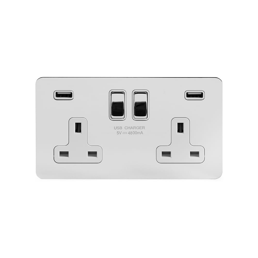 The Finsbury Collection Polished Chrome Flat Plate 2 Gang 13A DP Socket with 2 x USB-A 4.8A