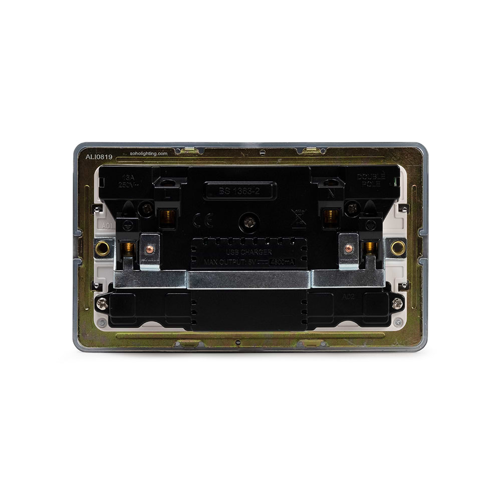 The Finsbury Collection Polished Chrome Flat Plate 2 Gang 13A DP Socket with 2 x USB-A 4.8A