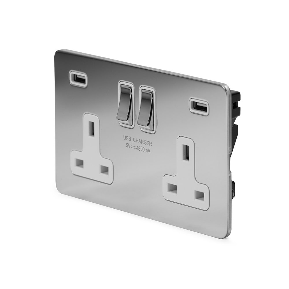 The Finsbury Collection Polished Chrome Flat Plate 2 Gang 13A DP Socket with 2 x USB-A 4.8A
