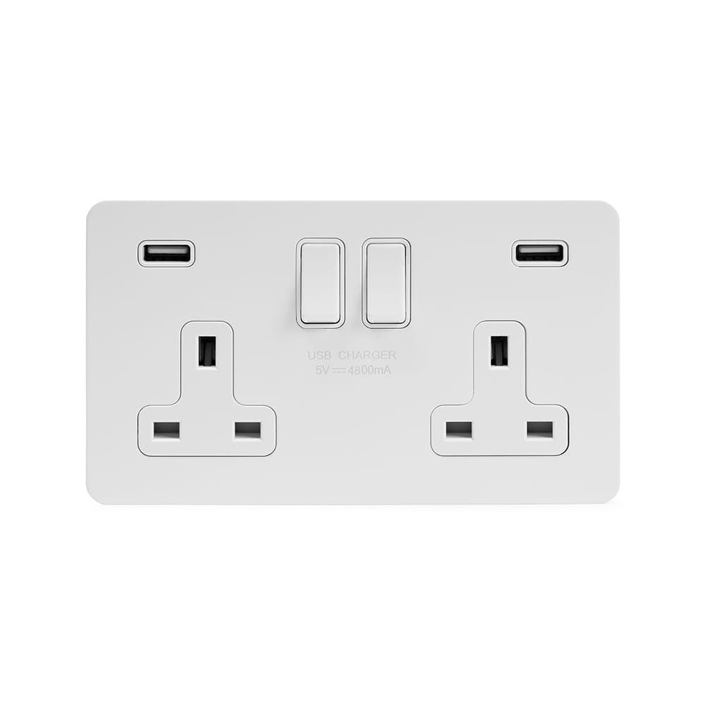 The Eldon Collection White Metal Flat Plate  2 Gang 13A DP Socket with 2 x USB-A 4.8A