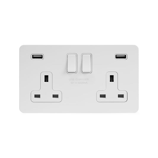 The Eldon Collection White Metal Flat Plate  2 Gang 13A DP Socket with 2 x USB-A 4.8A