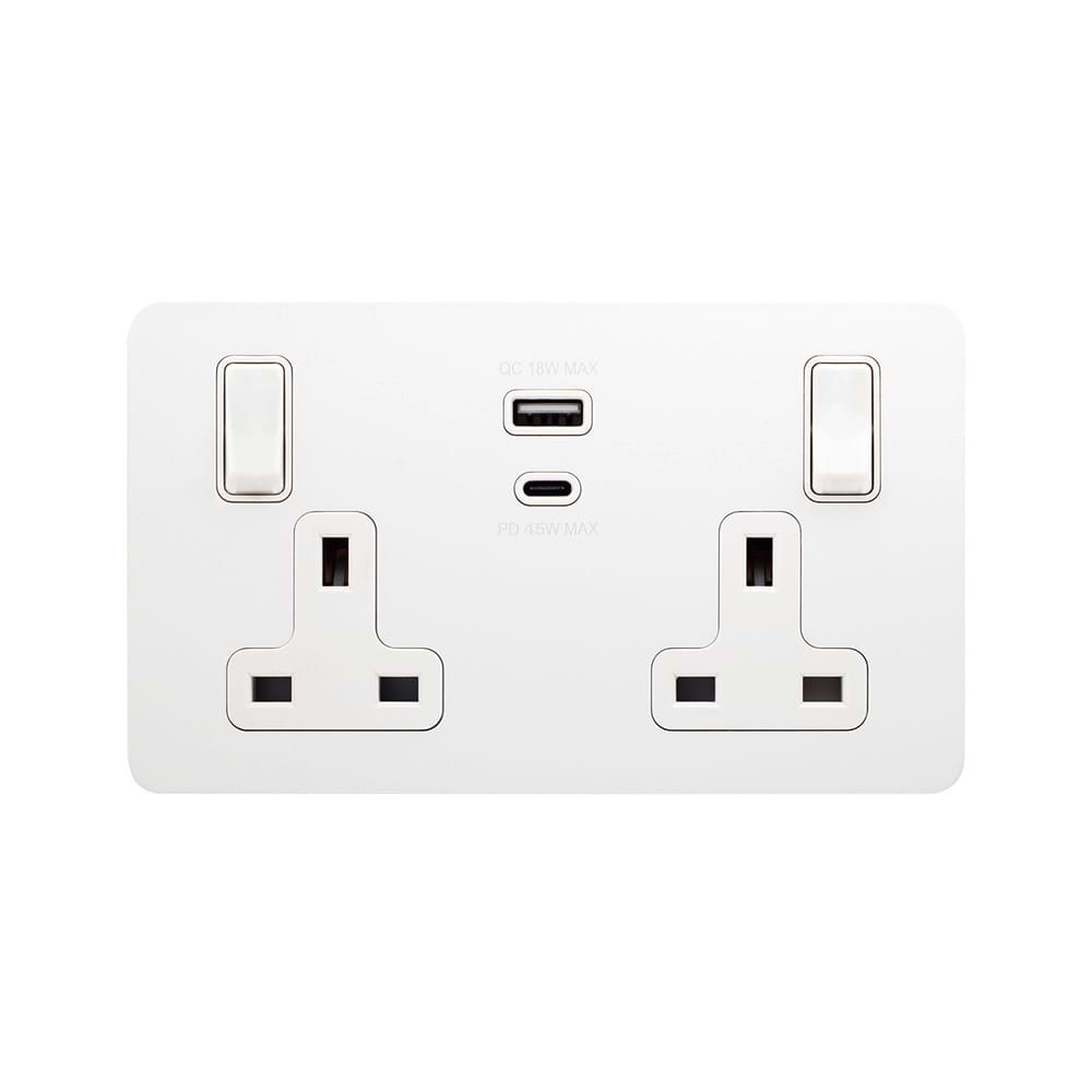 The Eldon Collection White Metal Flat Plate 13A 2 Gang Super Fast Charge 45W USB A+C Socket