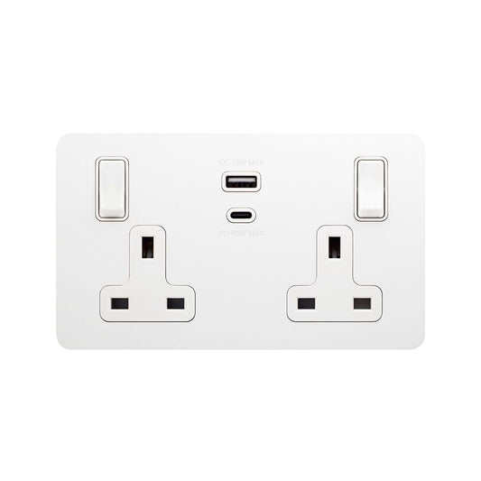 The Eldon Collection White Metal Flat Plate 13A 2 Gang Super Fast Charge 45W USB A+C Socket
