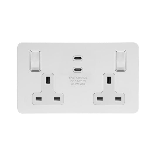 Soho Lighting White Metal Flat Plate 2 Gang 65W USB C+C Socket (13A Socket + 2 USB C Ports)