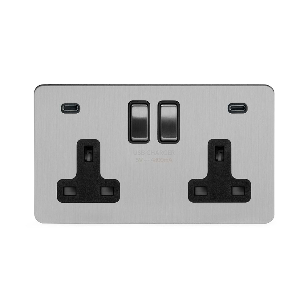 Soho Lighting Brushed Chrome Flat Plate 2 Gang USB C+C Socket (13A Socket + 2 USB C 4.8A Ports)